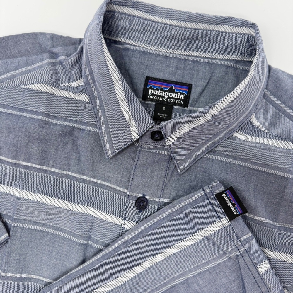 Patagonia Mens‎ Small Blue Striped Organic Cotton Short Sleeve Button Down Shirt